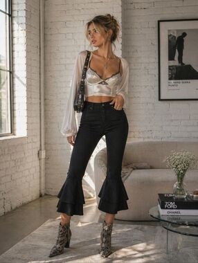 Citizens of Humanity Black High Rise Flare Crop Jeans Ruffle Hem Whimsy Size 24